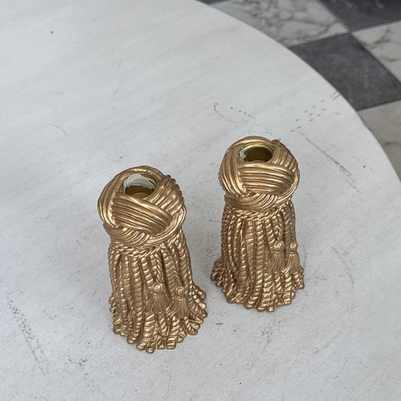 Vintage Hollywood Regency Brass Tassel Candle Holder Set Mid Century